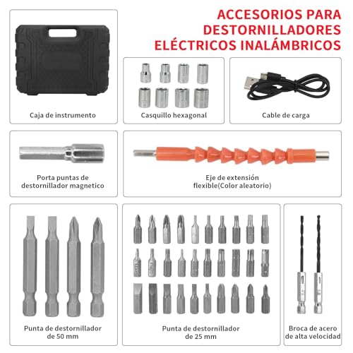 YEAHCHIC Juego de 47 Destornillador Eléctrico Inalámbricos de 3,6 V con Puntas Recargables por USB，Uso Doméstico, Reparación， Mango Giratorio de 90°a 180°, Atornillador Puntas Intercambiables