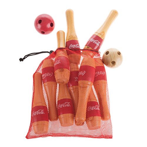 Officially Licensed Coca Cola Logo Wooden Lawn Bowling Set with Ten 8 Inch Pins and 2 Balls - Includes Bonus Carrying Bag!