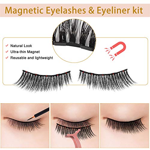 Brightup Magnetic Eyelashes with Eyeliner Kit, 10 Pairs 3D Natural Look Reusable False Magnetic lashes Set, 2 Tubes Long Lasting Magnetic Eyeliner 10 mL with Tweezers (No Glue Needed), Ideal For Gift