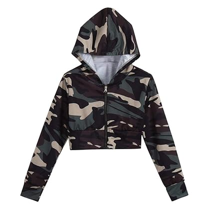 TWIFER Damen Camouflage Crop Hoodie Pullover Print Langarm Shirt mit Kapuze Kurzen Bluse