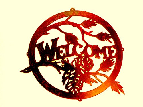 Welcome Sign Rusted Rustic Metal Pine Cone 15"