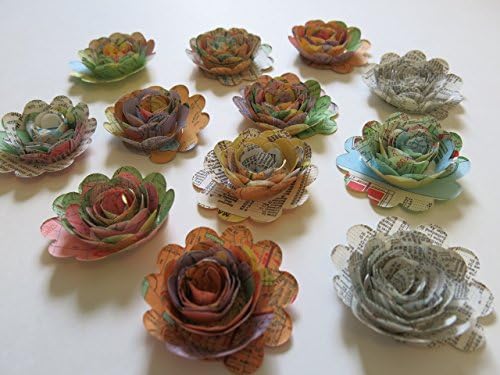 12 Piece Set Scalloped Road Map Roses, Paper Flowers, Travel Theme, Floral Table Decor 1.5" Rosettes
