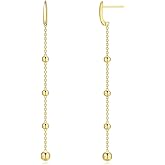14K Solid Gold Threader Earrings for Women Dangle Earrings with Bead Long Chain Earrings 2 Inches