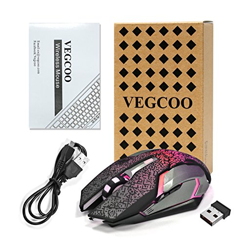 Wireless Gaming Mouse, VEGCOO C8 Silent Click Wireless Rechargeable Mouse with Colorful LED Lights and 2400/1600/1000 DPI 400mah Lithium Battery for Laptop and Computer (C9 Silver)