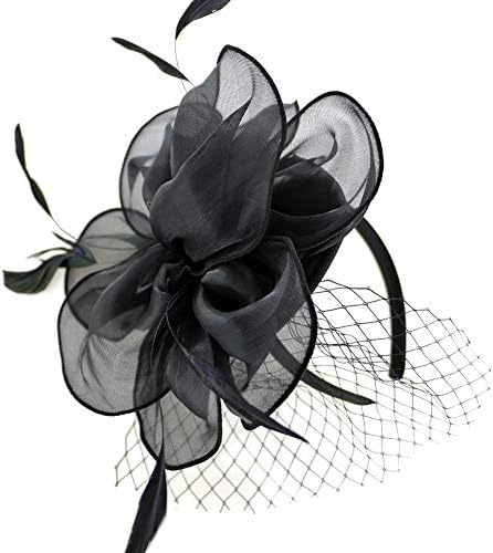 Fascinator Hat for Women Sinamay Bridal Cocktail Feather Mesh Net Veil Kentucky Derby