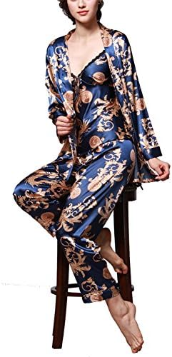 Rughe Women's Pajama Sets Elegance 3 pcs Silk Pajamas Womens Sleepwear Sets Royal Blue L