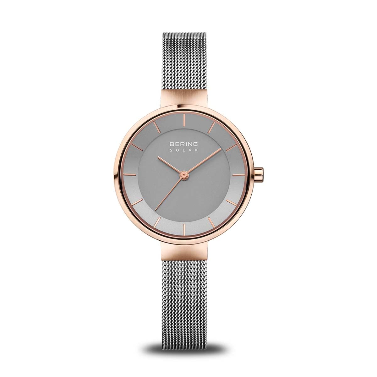 BERING Women Analog Solar Collection Watch with stainless steel Strap and Sapphire Crystal 14631-369, Grey/Rose Gold, 31