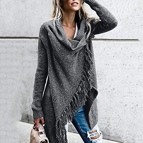 HOSOME Women Sweater Stripes Poncho Fall Tassels Slash Gradient Shawl Hem Fringe Loose Tops Dark Gray - Thumbnail 2