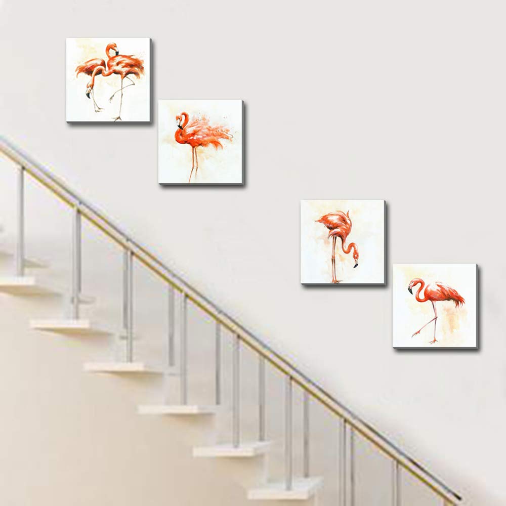 Hongwu 4 Piece Canvas Wall Art Flamingo Painting Modern Canvas Art Prints Bird Pictures on Canvas Stretched and Framed Ready to Hang for Home Decoration Wall Decor 12x12inch