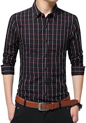Men's 100% Cotton Long Sleeve Plaid Slim Fit Casual Formal Dress Shirt XUNMOO (XXX-Large, Black)