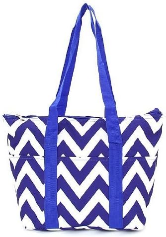 14.5" Chevron Microfiber Insulated Lunch Tote Shoulder Bag with Pockets (Blue)