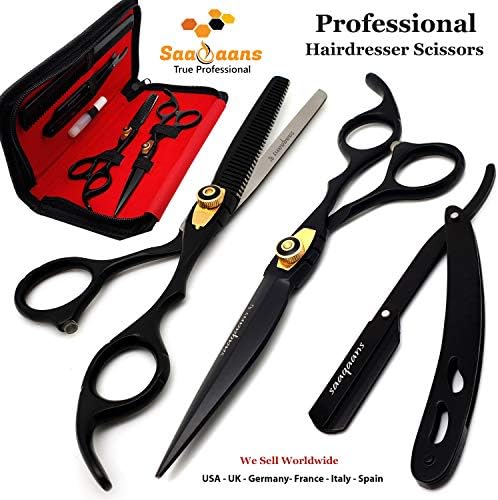 Saaqaans MSS-01 Professional Hairdresser Scissors Set - Package includes Barber Scissor, Thinning Shear, Straight Razor, 10 x Derby Double Edge Blades & Hair Comb in Stylish Scissors Case (USA Black)