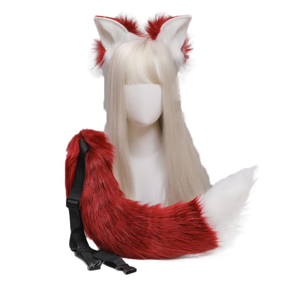 Faux Fur Fox Headband and Tail Set Flexible Ears Hair Hoop Tail Fancy Dress Animal Cosplay Anime Dress Up Party Costume Accessories (Wine Red & White)