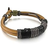 Men's Alloy Genuine Leather Bracelet Bangle Rope Brown Gold Black Braided Biker Tribal (with Gift Bag)