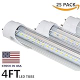 LED Tube Light 4FT, Dual-End Powered, Work Without T8 T10 T12 Ballast, 18W (48W Equivalent), 2160 Lumens, 6000K Cold White, Clear Cover, LED Lights Replacement, AC 85-265V - Pack of 25