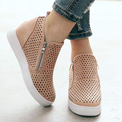 Womens Classic High Top Platform Flat Sports Shoes Casual Slip On Zipper Wedge Sneakers Pink - Thumbnail 2