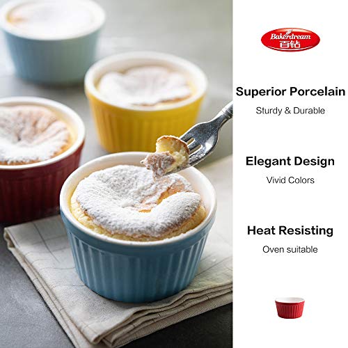 Bakerdream Porcelain Souffle Dishes, Ramekins-6 Ounce for Souffle, Creme Brulee and Dipping Sauces Ice Cream Dessert Cup, Set of 4 (4 bright colors)