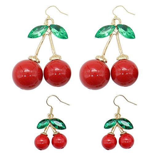 Buorsa 2 Pairs Gold Plated Red cherry Charm& Green Crystal Leaf Women Hook Dangle Drop Earrings(2 Size)