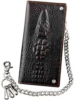 Mens Long Crocodile Head Motorcycle Punk Leather Wallet With a Biker Chain