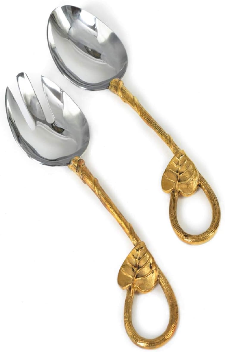 Serene Spaces Living Gold Leaf Salad Spoon and Fork Set, Metal Salad Servers, Decorative Serving Utensils for Wedding, Party, Entertaining at Home, Measures 10.5