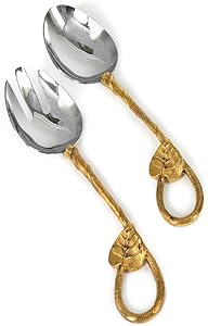 Serene Spaces Living Gold Leaf Salad Spoon and Fork Set, Metal Salad Servers, Decorative Serving Utensils for Wedding, Party, Entertaining at Home, Measures 10.5