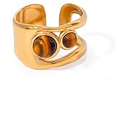 Dikixe Western Captivating Tiger's Eye Stone Ring,Solitaire 8 * 10mm Oval Cut Gemstone 18K Gold Plated Stack 13mm Wide Ribbed Texture Band Statement Ring for Women