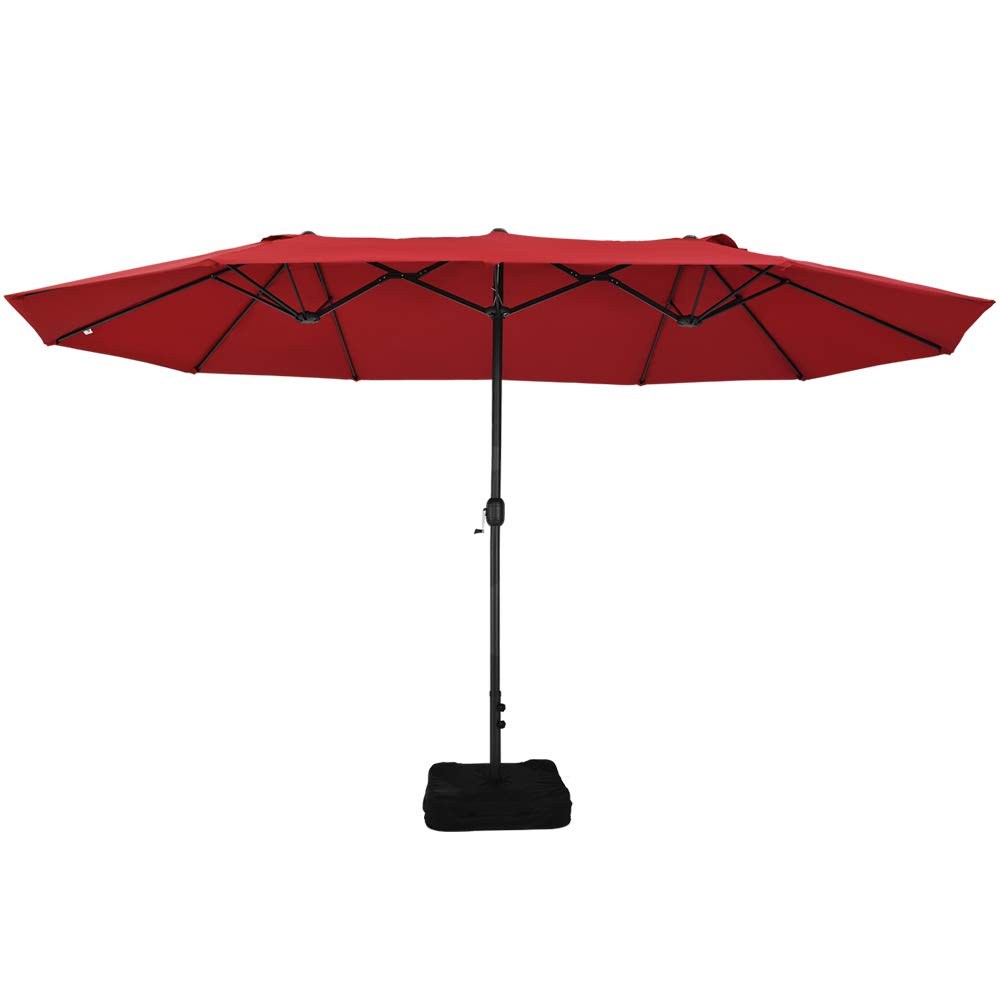 Patio Watcher 15 Ft Patio Double Sided Umbrella with Base, Extra Large Twin Outdoor Market Patio Table Umbrella with Crank and Base, Red