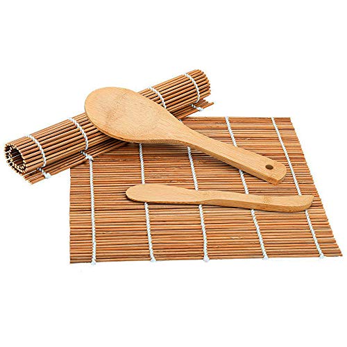 Bamboo Sushi Making Kit-2 Carbonized Bamboo sushi Rolling Mats,5 Pairs Chopsticks,1 Rice Paddle,1 Rice Spreader,1 Storage Bag-Complete Sushi Maker for Beginner-Beginner Guide PDF Included