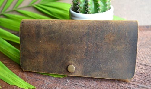Handmade Brown Distressed Leather, Long Bifold Wallet, Natural Mocha Brown Wallet With Button