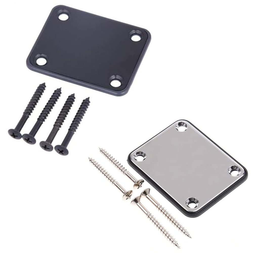 2Pcs Electric Guitar Neck Plates Metal Guitar Neck Plates Electric Guitar Reinforcing Plates with Screws for Replacement Electric Guitar Part(Silver Black)