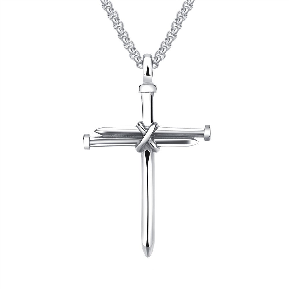 HIJONES Men's Stainless Steel Nail Cross Charm Pendant Necklace Chain, Polished Silver — image 1
