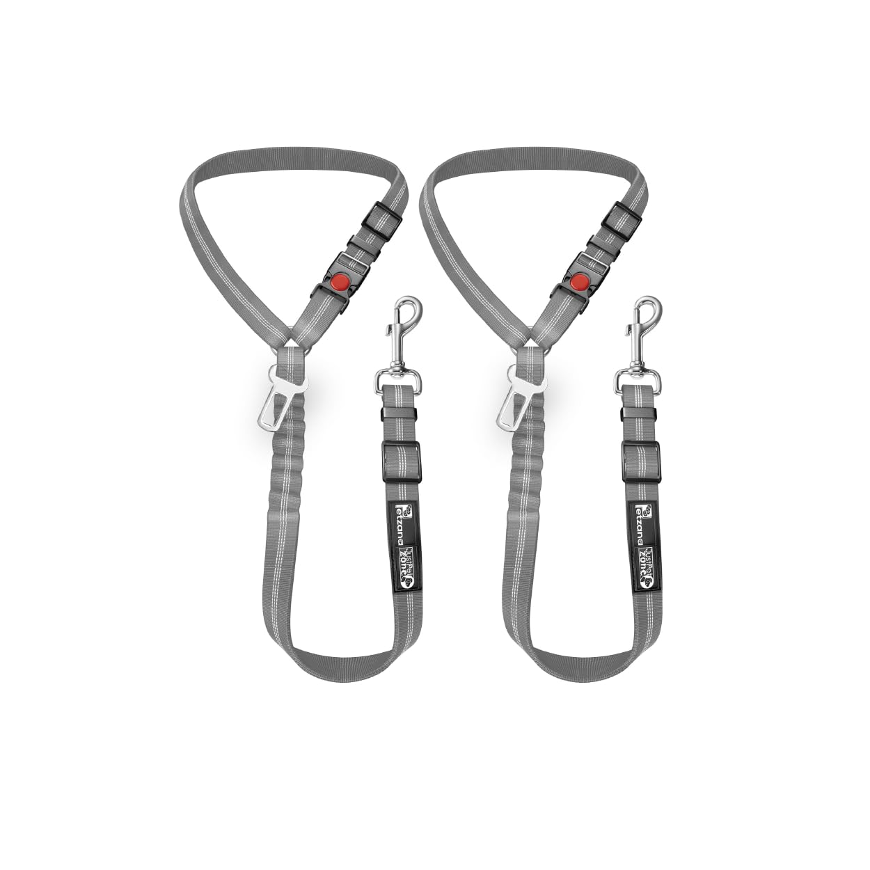 Dog Seat Belt Harness for Car - 2-in-1 Leash and Restraint Secures to Headrest. Adjustable Bungee, Strong, Durable, 360 Degree Swivel Attach Won't Twist, Reflective, Easy to Use (Grey, 2PACK)