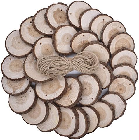 Wood Slices 30 Pcs 2.76"-3.15" Unfinished Predrilled with Hole Loveself Round Discs Wooden Circles for Centerpieces Coasters Christmas Ornaments DIY Crafts (30 Pcs 2.76"-3.15")