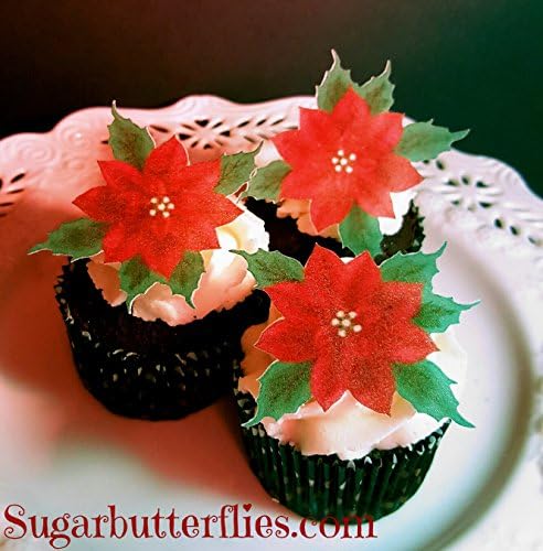 Edible Flat Red Poinsettia Cupcake Topper. Set of 18
