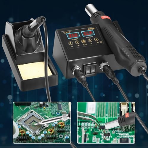 Solda, Ferro de Solda Termostática Inteligente, 110V Estação de Retrabalho, Estação de Solda, Kit de Estação de Retrabalho de Ar Quente 2 em 1, Função de Ar Quente, Equipado com 3 Bicos de Ar Quente