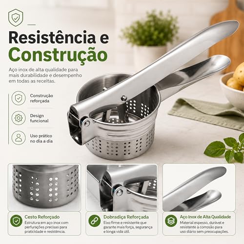 Espremedor de Batata Inox Manual Profissional – Amassador de Batatas e Legumes, Ideal para Purê, Nhoque e Cozinha - Utensílio de Cozinha em Aço Inoxidável