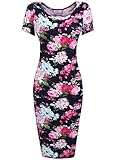 Hotouch Womens Floral Sweetheart Scoop Neck Short Sleeve Midi Pencil Slim Dress