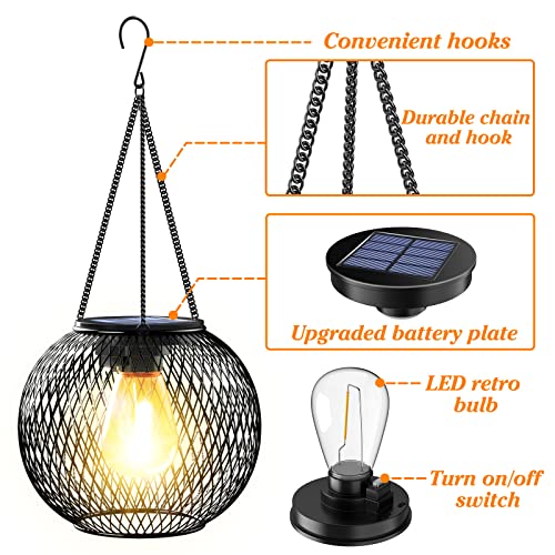 KagoLing Solar Lights for Outdoor Hanging, Pack of 2 Metal Solar Lantern with Retro Large LED Bulb, IP65 Garden Decoration, Weatherproof, Solar Lights Garden with Hook and Chain for Patio, Lawn, Balcony, Yard
