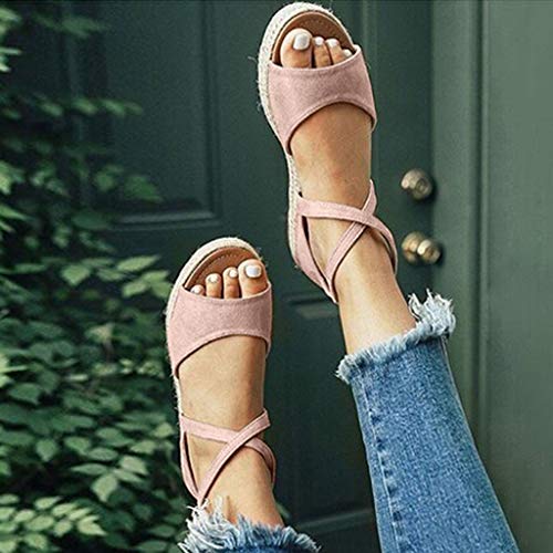 Caopixx Womens Flatform Espadrille Strappy Open Toe Flat Platform Ankle Sandals Buckle Flats Sandals Pink