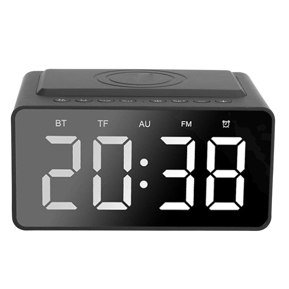 Clock radio, portable wireless Bluetooth speaker, music player with LED time display, alarm, wireless charging, AUX Play, speakerphone, LED HD mirror, bass membrane(Schwarz)