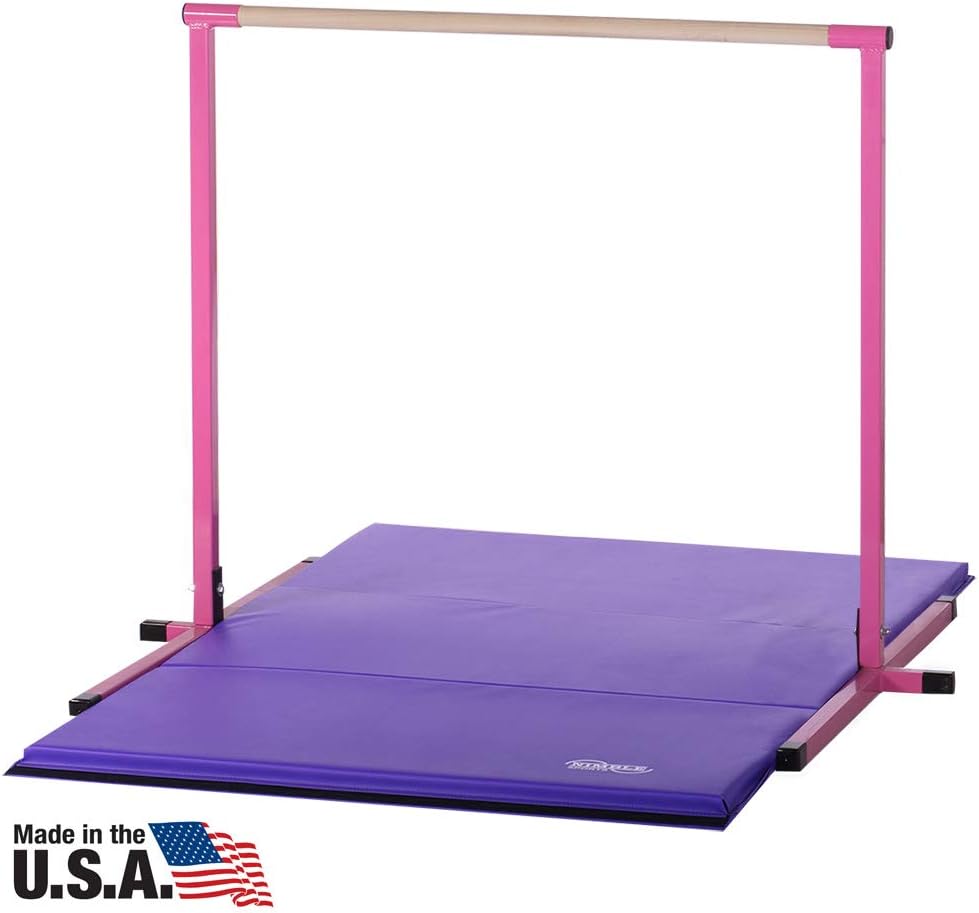 Nimble Sports Pink Horizontal Bar, 4 Feet High with Purple Folding Gym Mat, 4 Feet X 6 Feet