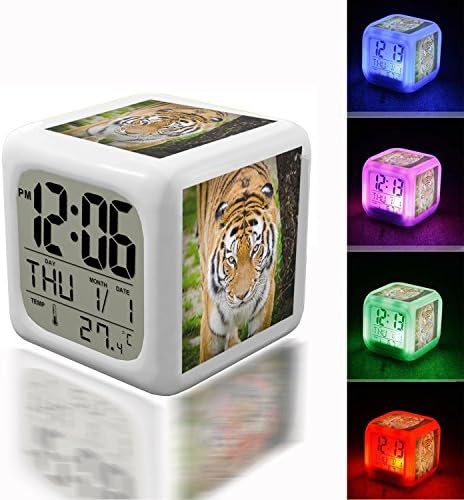 Digital Alarm Thermometer Night Glowing Cube 7 Colors Clock LED Customize the pattern 279.Tiger Beside Tree