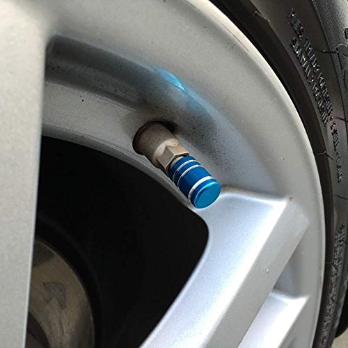 Tire Stem Valve Caps Cover Round Shape (Set of 4pcs) Aluminum with Gasket Rubber Rings Universal fit for All cars and Bike (Sky Blue)