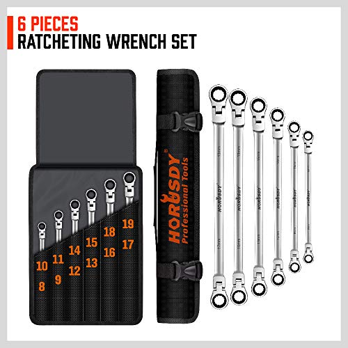 HORUSDY 6-Piece Extra Long Flex-Head Ratcheting Wrench Set - Chrome Vanadium Steel With Metric 8mm - 19mm,With Large Size Organizer Pouch