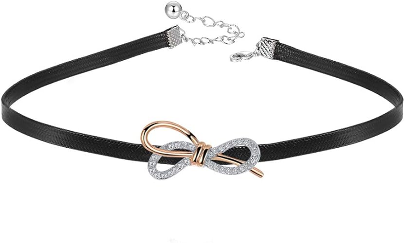 Amazon Aiks ジュエリー ブランド 人気 シンプル ネックレス チョーカー レディース 黒 ブラック Puレザー首飾り ステンレス ジルコニア ピングゴールド ちょう結び かわいい ファッション アクセサリー チョーカー 通販