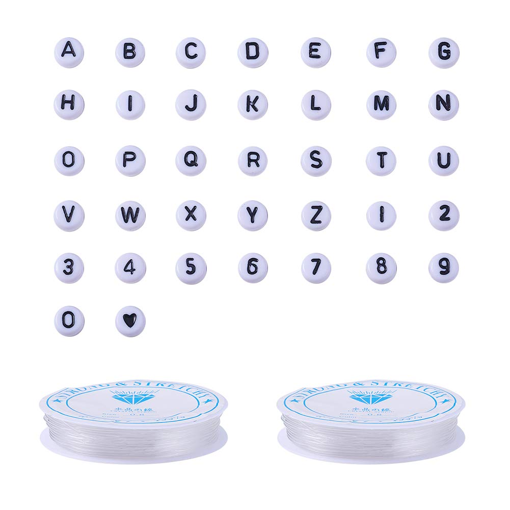 NBEADS About 1110 Pcs 7mm Opaque Oblate Acrylic Beads, White Flat Round with Alphabet/Number/Heart Acrylic Beads with 2 Rolls Elastic Crystal Threads for DIY Bracelets Necklaces Handmade Gift