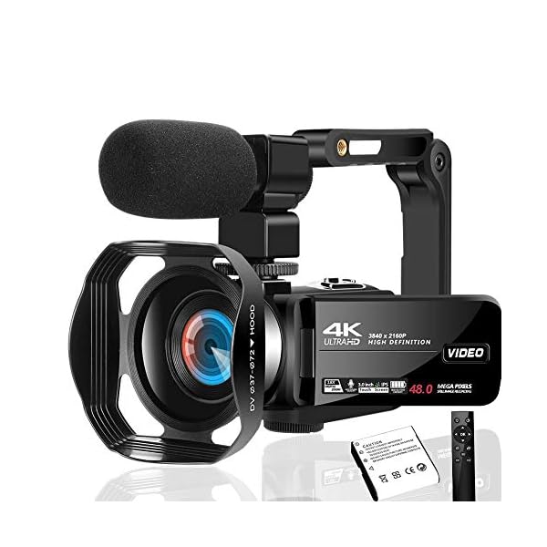 Videokamera 4K Video Camcorder 48MP Videokamera mit Mikrofon mit Handheld und Haube