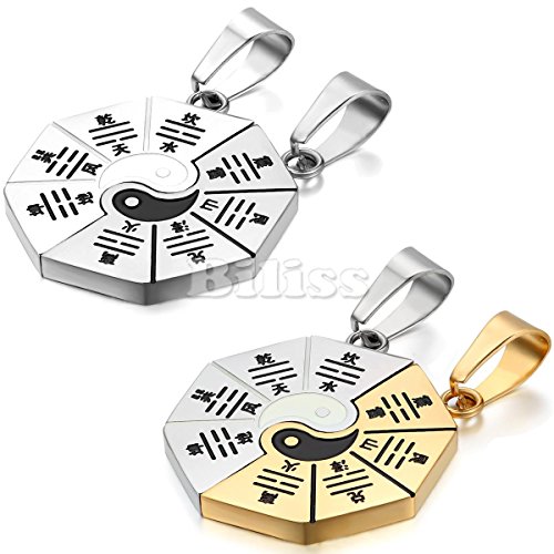 Gydoxy(TM) 2 pieces Fashion Couple Necklaces Yin Yang Bagua Pendant 316L Stainless Steel 2 Chains For Men Women Gold Silver Color[Silver]