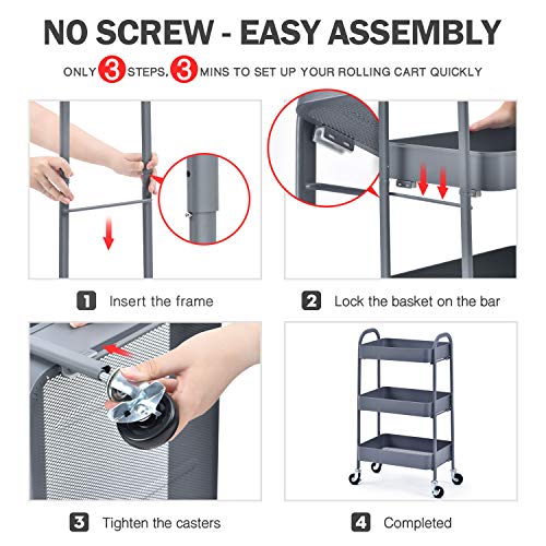 TOOLF No Screw Rolling Cart, 3Tier Easy Assemble Utility Cart, Sturdy