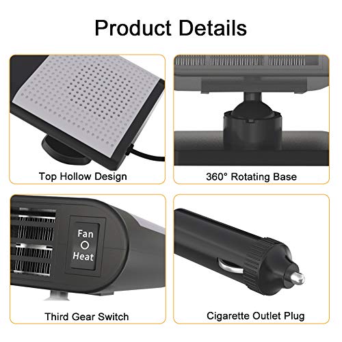 Portable Car Heater, 60 Seconds Fast Heating Quickly Cooling Fan 12V 150 W Auto Defogger Defroster Plug in Cig Lighter with 360° Rotating Base (Black Gray)